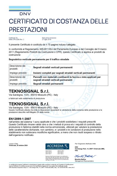 Certificato di costanza delle prestazioni di Teknosignal