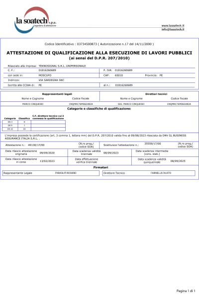 Attestato di qualificazione di Teknosignal per i lavori pubblici